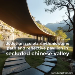 Artistic representation for dodesign sculpts rhythmic stone path and reflective pavilion in secluded chinese valley